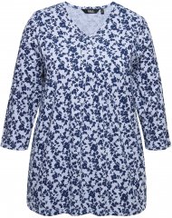 Ulla Popken Floral 3/4 Sleeve V-Neck A-Line Tee Blue