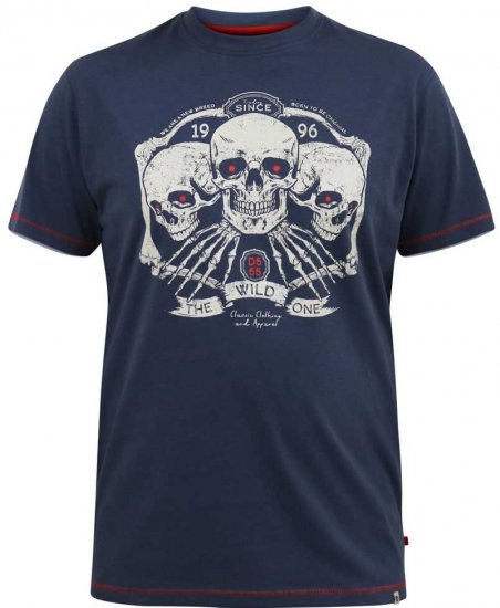 D555 COOK Trio Of Skulls Printed Crew Neck T-Shirt Slate Blue - Тениски - мъжки тениски големи размери