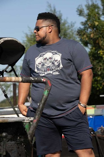 D555 COOK Trio Of Skulls Printed Crew Neck T-Shirt Slate Blue - Тениски - мъжки тениски големи размери