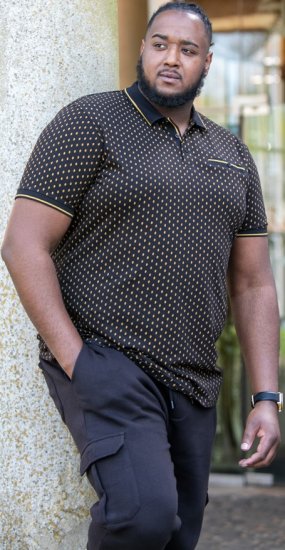 D555 RAUL AOP Jersey Polo With Jacquard Collar, Ribs And Chest Pocket Black - Поло тениски - мъжки тениски с яка големи размери