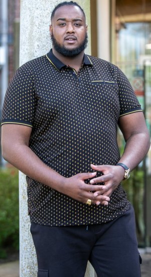 D555 RAUL AOP Jersey Polo With Jacquard Collar, Ribs And Chest Pocket Black - Поло тениски - мъжки тениски с яка големи размери