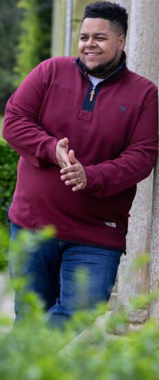 D555 HIRALDO Quarter Neck Pique Fleece Sweatshirt With Chest Embroidery Red - Суичъри & cуичъри с качулка - мъжки суичъри големи размери