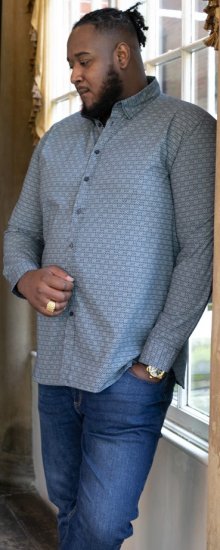 D555 MANGALA Geometric AOP Long Sleeve Shirt With Concealed Button Down Collar Navy - Ризи - мъжки ризи големи размери