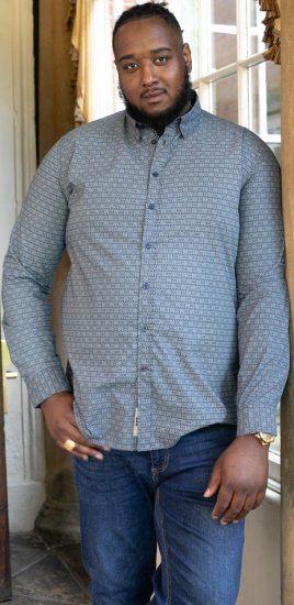 D555 MANGALA Geometric AOP Long Sleeve Shirt With Concealed Button Down Collar Navy - Ризи - мъжки ризи големи размери