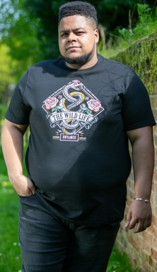 D555 MALCOM Snake And Roses Printed Crew Neck T-Shirt Black - Тениски - мъжки тениски големи размери