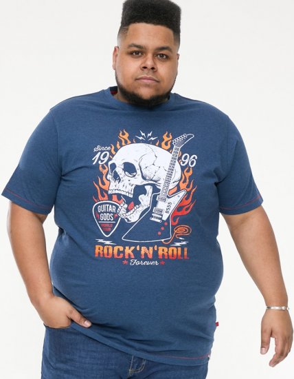 D555 NEAL Skull With Flames Printed Crew Neck T-Shirt Navy/Blue Twist - Тениски - мъжки тениски големи размери
