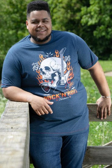 D555 NEAL Skull With Flames Printed Crew Neck T-Shirt Navy/Blue Twist - Тениски - мъжки тениски големи размери