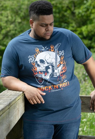 D555 NEAL Skull With Flames Printed Crew Neck T-Shirt Navy/Blue Twist - Тениски - мъжки тениски големи размери