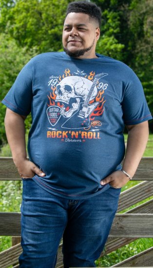 D555 NEAL Skull With Flames Printed Crew Neck T-Shirt Navy/Blue Twist - Тениски - мъжки тениски големи размери
