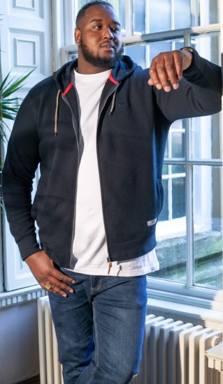 D555 IRVIN Full Zip Jacquard Hoody With Chest Embroidery Navy - Суичъри & cуичъри с качулка - мъжки суичъри големи размери