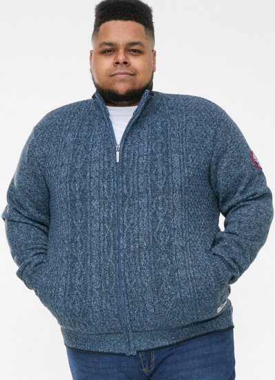 D555 ECCLES Cable Knitted Zip Through Sweater With Bonded Check Lining Denim Marl - Суичъри & cуичъри с качулка - мъжки суичъри големи размери