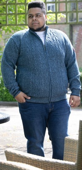D555 ECCLES Cable Knitted Zip Through Sweater With Bonded Check Lining Denim Marl - Суичъри & cуичъри с качулка - мъжки суичъри големи размери