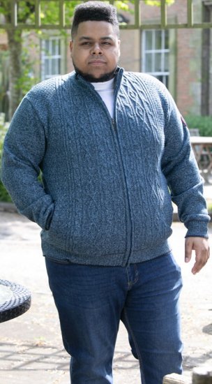 D555 ECCLES Cable Knitted Zip Through Sweater With Bonded Check Lining Denim Marl - Суичъри & cуичъри с качулка - мъжки суичъри големи размери