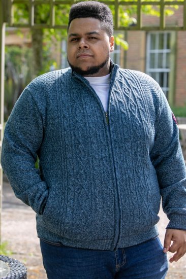D555 ECCLES Cable Knitted Zip Through Sweater With Bonded Check Lining Denim Marl - Суичъри & cуичъри с качулка - мъжки суичъри големи размери