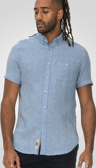 D555 Falmouth 1 Linen Mix Short Sleeve Shirt With Button Down Blue - Ризи - мъжки ризи големи размери