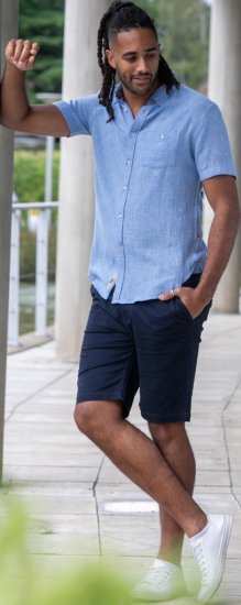 D555 Falmouth 1 Linen Mix Short Sleeve Shirt With Button Down Blue - Ризи - мъжки ризи големи размери