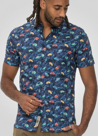 D555 Hartlepool Short Sleeve Vintage Car AOP Stretch Shirt Blue - Ризи - мъжки ризи големи размери