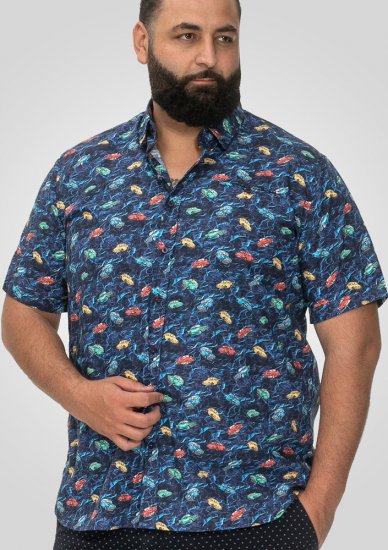 D555 Hartlepool Short Sleeve Vintage Car AOP Stretch Shirt Blue - Ризи - мъжки ризи големи размери