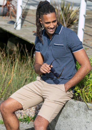 D555 Coventry AOP Polo Shirt Jacquard Collar & Ribbed Cuffs Navy - Поло тениски - мъжки тениски с яка големи размери