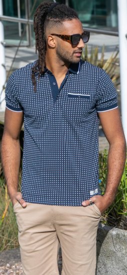 D555 Coventry AOP Polo Shirt Jacquard Collar & Ribbed Cuffs Navy - Поло тениски - мъжки тениски с яка големи размери