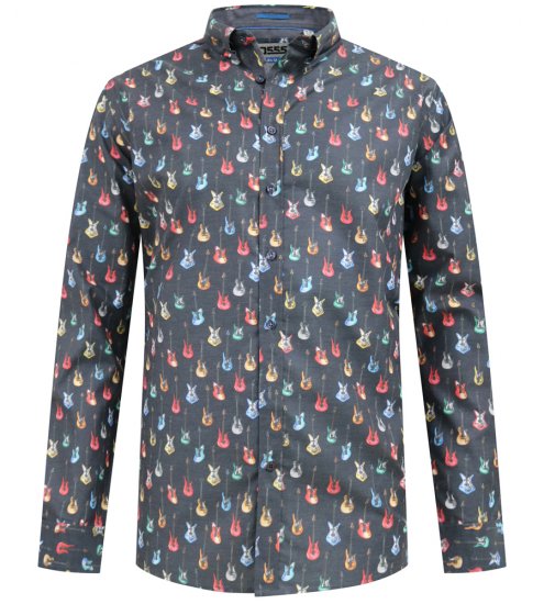 D555 Wakefield Long Sleeve AOP Guitar Printed Shirt Grey - Ризи - мъжки ризи големи размери