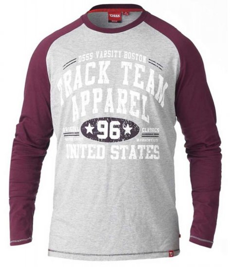 D555 KELTON Long Sleeve Raglan T-Shirt Grey/Burgundy - Тениски - мъжки тениски големи размери