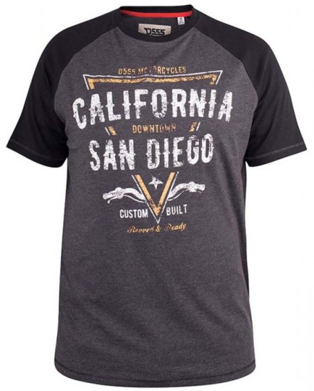 D555 Lismore Raglan Sleeve San Diego Printed T-Shirt Charcoal - Тениски - мъжки тениски големи размери