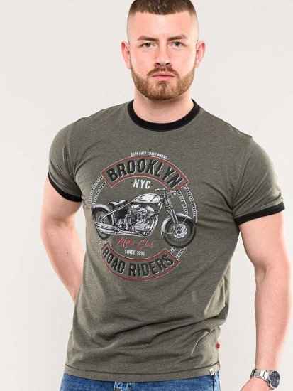 D555 Hereford Brooklyn Motorbike Printed Ringer T-Shirt Khaki - Тениски - мъжки тениски големи размери