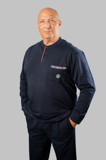 20 Nodi Long Pajamas in Stretch Fleece Cotton with Serafino Collar and Jacket with Pocket and Side Slits Navy - Пижами - мъжки пижами големи размери