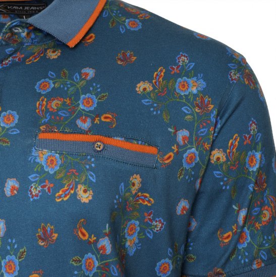 Kam Jeans 5494 Digital Floral Print Polo Blue - Поло тениски - мъжки тениски с яка големи размери