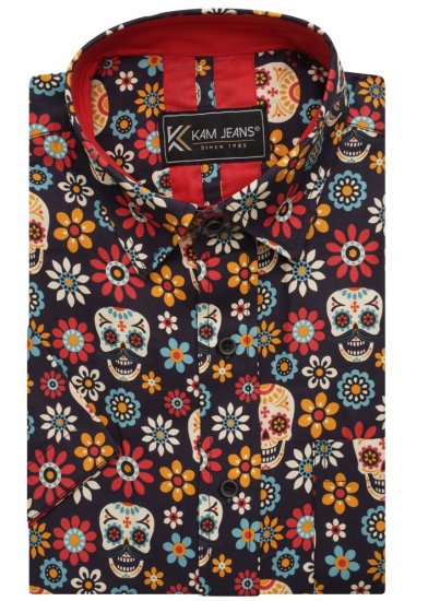 Kam Jeans 6040 Floral Skull Print Shirt Black - Ризи - мъжки ризи големи размери