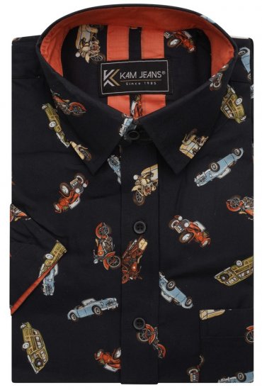 Kam Jeans 6046 Vintage Car Digital Print Shirt Black - Ризи - мъжки ризи големи размери