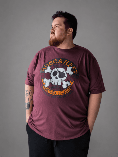 Kam Jeans 5753 Buccaneer Print T-Shirt BURGUNDY MARL - Тениски - мъжки тениски големи размери