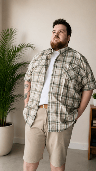 Kam Jeans 6339 Checked Short Sleeve Shirt Beige - Ризи - мъжки ризи големи размери