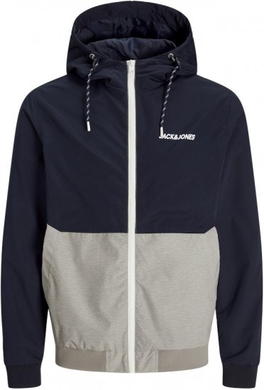 Jack & Jones RUSH White/Grey Blocking Bomber Jacket with Hood Dark Blue - Якета - мъжки якета големи размери