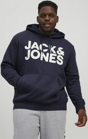 Jack & Jones CORP LOGO Large Print Hoodie Navy Blazer - Суичъри & cуичъри с качулка - мъжки суичъри големи размери