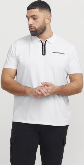 Jack & Jones Fusion Pique Zipper Polo Bright White - Поло тениски - мъжки тениски с яка големи размери