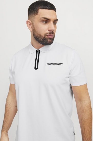 Jack & Jones Fusion Pique Zipper Polo Bright White - Поло тениски - мъжки тениски с яка големи размери