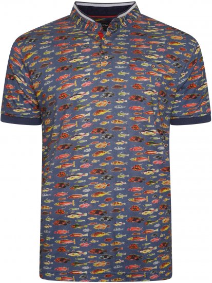 Kam Jeans 5743 Fish Print Jersey Grandad Top Indigo - Поло тениски - мъжки тениски с яка големи размери