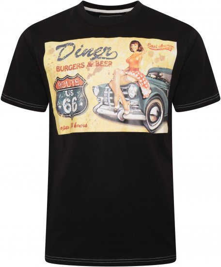 Kam Jeans 5751 Distressed Diners Print T-Shirt Black - Тениски - мъжки тениски големи размери