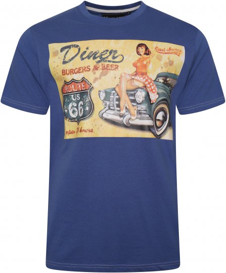 Kam Jeans 5751 Distressed Diners Print T-Shirt Blue - Тениски - мъжки тениски големи размери