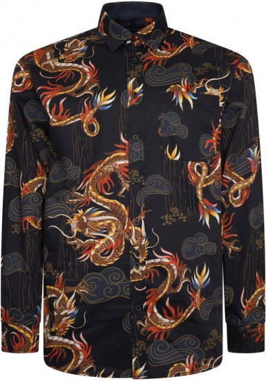 Kam Jeans 6057 LS Dragon Print Shirt Black - Ризи - мъжки ризи големи размери