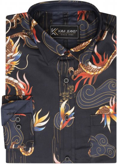 Kam Jeans 6057 LS Dragon Print Shirt Black - Ризи - мъжки ризи големи размери