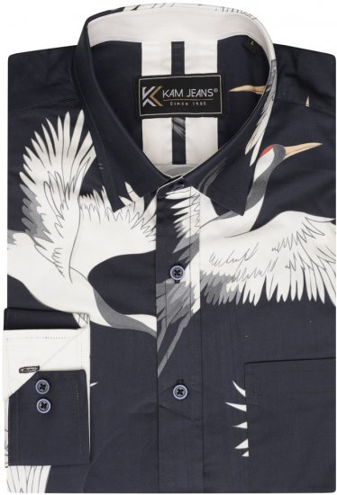 Kam Jeans 6059 LS Bird Print Shirt Navy - Ризи - мъжки ризи големи размери