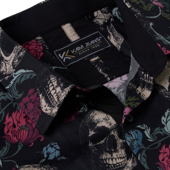 Kam Jean 6074 Риза С Къс Ръкав И Флорален Принт С Череп Черна - Ризи - мъжки ризи големи размери