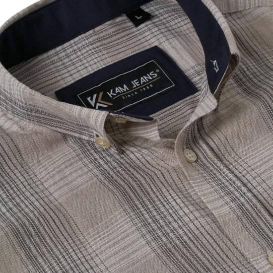 Kam Jeans 6382 Текстурирана Карирана Риза С Къс Ръкав Бежова - Ризи - мъжки ризи големи размери