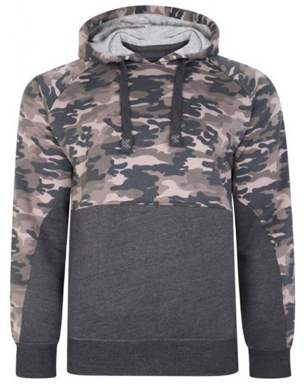 Kam Jeans 7036B Camo Pannelled Over The Head Hoody Charcoal - Суичъри & cуичъри с качулка - мъжки суичъри големи размери