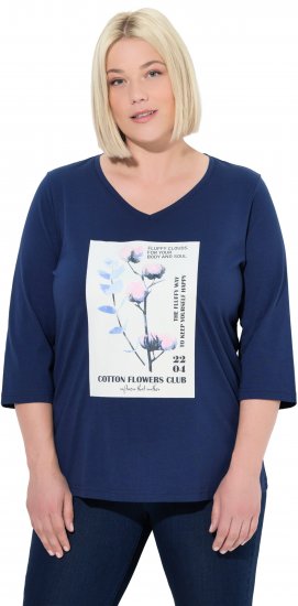 Ulla Popken Decorative Plant 3/4 Sleeve T-Shirt Ink Blue - Печатни тениски за жени - 