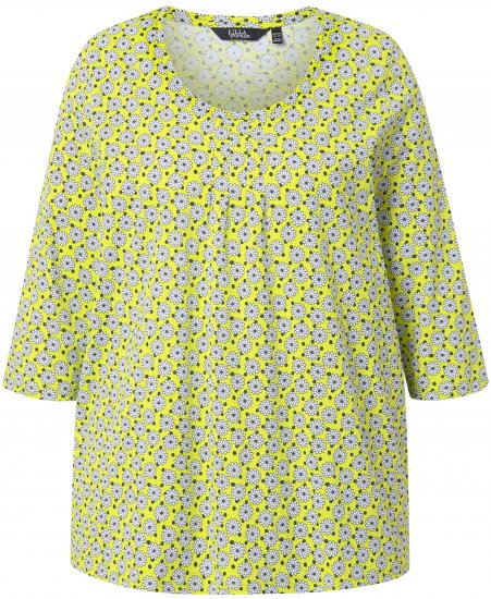 Ulla Popken Flower Print 3/4 Sleeve A-Line Tee Lime - Печатни тениски за жени - 