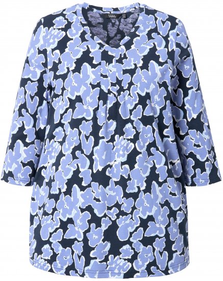 Ulla Popken Floral Print 3/4 Sleeve V-Neck Tee Navy Blue - Печатни тениски за жени - 